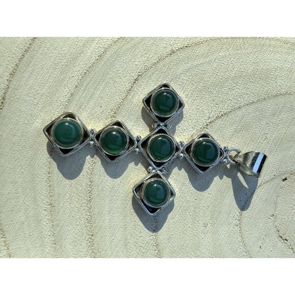 Artisan Sterling Silver Cross Pendant G Onyx  Cabochon Stones Religious Crucifix - Picture 8 of 10